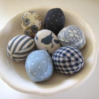 Easter Egg Bowl Fillers, Set of 7 Blue and Beige Small Stuffed Eggs, Trendy Table Décor, Tiered Tray Accent, USA Hand Crafted