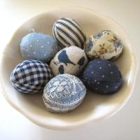 Easter Egg Bowl Fillers, Set of 7 Blue and Beige Small Stuffed Eggs, Trendy Table Décor, Tiered Tray Accent, USA Hand Crafted