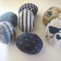 Easter Egg Bowl Fillers, Set of 7 Blue and Beige Small Stuffed Eggs, Trendy Table Décor, Tiered Tray Accent, USA Hand Crafted