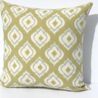 IKAT Linen Pillow Cover in Diamond-Patterned Lime Green, Dusty Blue & Cream, 17 x 17 Inches, USA Handmade Home Décor 