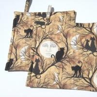 Halloween Potholders with Full Moons and Cats in Spooky Trees, Haunted House Décor, Handmade Hot Pads, Hostess Gift