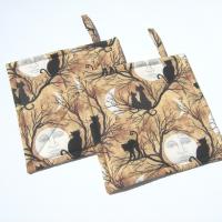 Halloween Potholders with Full Moons and Cats in Spooky Trees, Haunted House Décor, Handmade Hot Pads, Hostess Gift