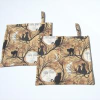 Halloween Potholders with Full Moons and Cats in Spooky Trees, Haunted House Décor, Handmade Hot Pads, Hostess Gift
