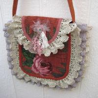 Boho Festival Bag w. Vintage Lace Trim, Rose Applique & Glamor Brooch, Décor Fabric Hippie Tote w. Starry Cotton Lining, 2 Pockets, USA Made