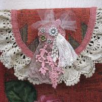 Boho Festival Bag w. Vintage Lace Trim, Rose Applique & Glamor Brooch, Décor Fabric Hippie Tote w. Starry Cotton Lining, 2 Pockets, USA Made