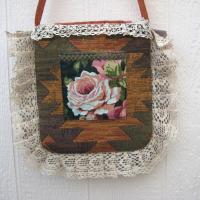 Boho Festival Bag w. Vintage Lace Trim, Rose Applique & Glamor Brooch, Décor Fabric Hippie Tote w. Starry Cotton Lining, 2 Pockets, USA Made