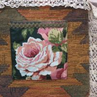 Boho Festival Bag w. Vintage Lace Trim, Rose Applique & Glamor Brooch, Décor Fabric Hippie Tote w. Starry Cotton Lining, 2 Pockets, USA Made