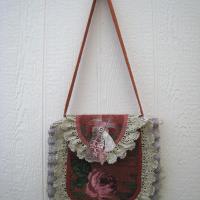 Boho Festival Bag w. Vintage Lace Trim, Rose Applique & Glamor Brooch, Décor Fabric Hippie Tote w. Starry Cotton Lining, 2 Pockets, USA Made