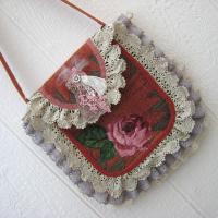 Boho Festival Bag w. Vintage Lace Trim, Rose Applique & Glamor Brooch, Décor Fabric Hippie Tote w. Starry Cotton Lining, 2 Pockets, USA Made