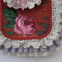 Boho Festival Bag w. Vintage Lace Trim, Rose Applique & Glamor Brooch, Décor Fabric Hippie Tote w. Starry Cotton Lining, 2 Pockets, USA Made