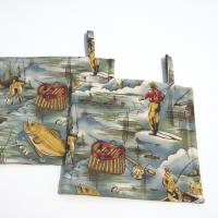 Fishing Potholders, Quilted Hot Pads Fisherman's Gift, Boat & Cabin Décor, Handmade Housewarming Gift