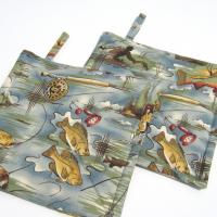 Fishing Potholders, Quilted Hot Pads Fisherman's Gift, Boat & Cabin Décor, Handmade Housewarming Gift