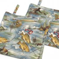 Fishing Potholders, Quilted Hot Pads Fisherman's Gift, Boat & Cabin Décor, Handmade Housewarming Gift