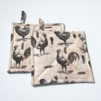 Roosters & Chickens Potholders, Quilted Handmade Hot Pads in Black, Grey, Pink Sand and Cream, Housewarming, Hostess Gift