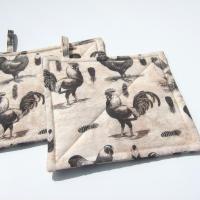 Roosters & Chickens Potholders, Quilted Handmade Hot Pads in Black, Grey, Pink Sand and Cream, Housewarming, Hostess Gift