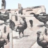 Roosters & Chickens Potholders, Quilted Handmade Hot Pads in Black, Grey, Pink Sand and Cream, Housewarming, Hostess Gift