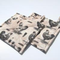 Roosters & Chickens Potholders, Quilted Handmade Hot Pads in Black, Grey, Pink Sand and Cream, Housewarming, Hostess Gift