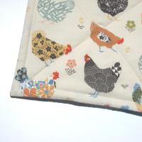 Calico Chickens Potholders, Yellow, Blue, Gray Quilted Hot Pads, USA Hand Made Hostess Gift, Stocking Stuffer, Wrapped Ready for Gift Giving