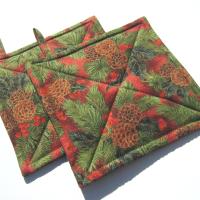 Christmas Potholders with Pine Boughs & Pinecones in Green, Brown, Red, Quilted Hot Pads, USA Made Stocking Stuffer, Housewarming, Hostess Gift