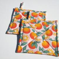 Oranges Potholders, Quilted Hot Pads with Orange Blossoms, Citrus Slices, Tiny Polka Dots, Hostess, Housewarming Gift