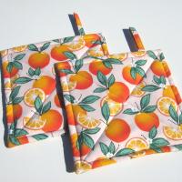 Oranges Potholders, Quilted Hot Pads with Orange Blossoms, Citrus Slices, Tiny Polka Dots, Hostess, Housewarming Gift