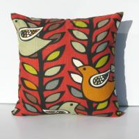 Funky Mod Style Birds Pillow Cover in Red, Green, Gray, Black, White Linen Cotton Blend, 17x17 Inches