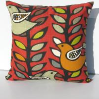 Funky Mod Style Birds Pillow Cover in Red, Green, Gray, Black, White Linen Cotton Blend, 17x17 Inches