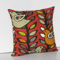 Funky Mod Style Birds Pillow Cover in Red, Green, Gray, Black, White Linen Cotton Blend, 17x17 Inches