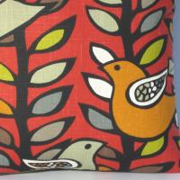 Funky Mod Style Birds Pillow Cover in Red, Green, Gray, Black, White Linen Cotton Blend, 17x17 Inches