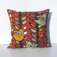 Mid Century Birds & Trees Pillow Cover in Red, Green, Gray, Black, White Linen Cotton Blend, 19 x 19 Inches