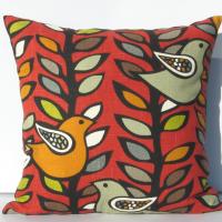 Mid Century Birds & Trees Pillow Cover in Red, Green, Gray, Black, White Linen Cotton Blend, 19 x 19 Inches