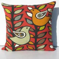 Red Mod Style Pillow Cover with Birds & Trees in Green, Gray, Black, White, Linen Cotton Blend, 17x17 Inches