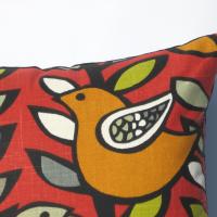 Red Mod Style Pillow Cover with Birds & Trees in Green, Gray, Black, White, Linen Cotton Blend, 17x17 Inches