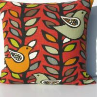 Mod Style Pillow Cover with Stylized Birds & Trees in Green, Gray, Black, White on Red Linen Cotton Blend, 19 x 19 Inches