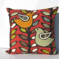 Retro Birds Pillow Cover in Red, Green, Gray, Black, White Linen Cotton Blend, 17x17 Inches, KAS Designer Fabric
