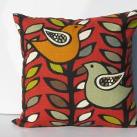 Retro Birds Pillow Cover in Red, Green, Gray, Black, White Linen Cotton Blend, 17x17 Inches, KAS Designer Fabric