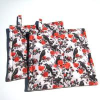 Crows and Roses Potholders, Goth Décor Quilted Hot Pads in Red, Grey and Black, Spooky Kitchen, Stocking Stuffer, USA Handcrafted Gift