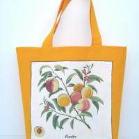 Fabric Shopping Bag, Orange Duck Canvas Tote with Vintage Peach Botanical Illustration, Eco-Friendly