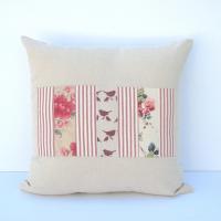 Country Cottage Pillow Cover, Red Tan Shabby Patchwork 19" x 19" Cottage Home Décor, USA Handmade