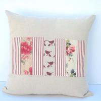 Country Cottage Pillow Cover, Red Tan Shabby Patchwork 19" x 19" Cottage Home Décor, USA Handmade