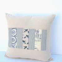 Shabby Cottage Pillow Cover, Beige Blue Patchwork 19" x 19" Country Patches Home Décor, USA Handmade