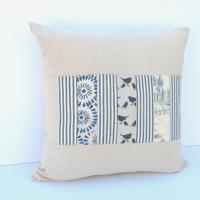 Shabby Cottage Pillow Cover, Beige Blue Patchwork 19" x 19" Country Patches Home Décor, USA Handmade