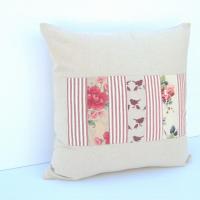 Country Cottage Pillow Cover, Red Tan Shabby Patchwork 19" x 19" Cottage Home Décor, USA Handmade