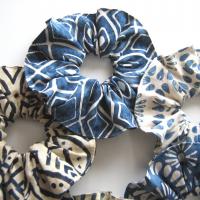 Indigo Batik Scrunchie Set, Blue Ponytail Holders, USA Made Hair Accessories, Pack of 6