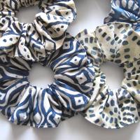 Indigo Batik Scrunchie Set, Blue Ponytail Holders, USA Made Hair Accessories, Pack of 6