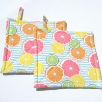 Lemons and Limes Potholders, Oranges, Grapefruit, Citrus Slices on Blue White Striped Quilted Hot Pads, Summer Patio Décor