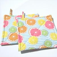 Lemons and Limes Potholders, Oranges, Grapefruit, Citrus Slices on Blue White Striped Quilted Hot Pads, Summer Patio Décor