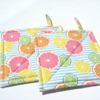 Lemons and Limes Potholders, Oranges, Grapefruit, Citrus Slices on Blue White Striped Quilted Hot Pads, Summer Patio Décor
