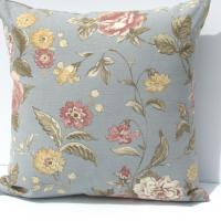 Cabbage Rose Pillow Cover, Pink & White Roses on Blue-Gray Home Décor Cotton, 17 x 17 Inches