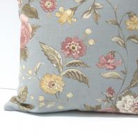 Cabbage Rose Pillow Cover, Pink & White Roses on Blue-Gray Home Décor Cotton, 17 x 17 Inches